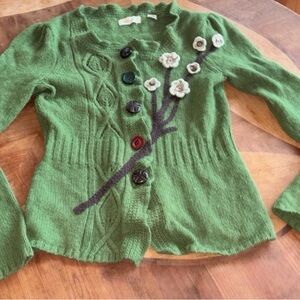 Green Cardigan with Floral Embellishments